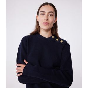 Petit Bateau - Effen Katoenen Damestrui - Marine - Lange Mouwen - Ronde Hals