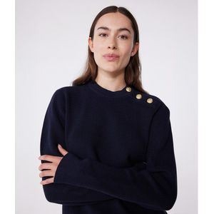 Petit Bateau - Effen Katoenen Damestrui - Marine - Lange Mouwen - Ronde Hals