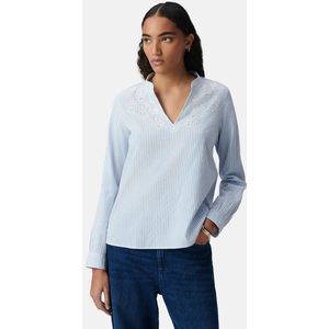 IKKS - Blouse - Blauw - Gestreept - Geborduurd - V-hals - Lange Mouwen