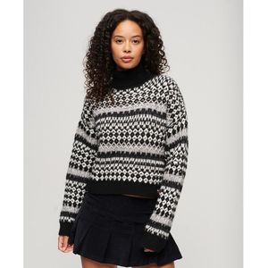 Cropped trui met rolkraag en grafische motieven SUPERDRY. Katoen materiaal. Maten 38 FR - 36 EU. Zwart kleur