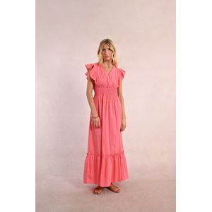 MOLLY BRACKEN - Lange Jurk - Koraal - Katoen - Korte Mouwen met Ruches