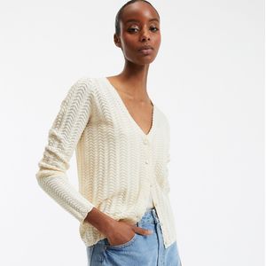 Fijn gebreid vest met v-hals en knoopsluiting LA REDOUTE COLLECTIONS. Katoen materiaal. Maten L. Wit kleur