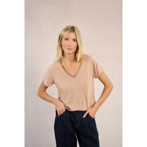 MOLLY BRACKEN - T-shirt - Beige - V-hals - Korte Mouwen - 100% Polyester