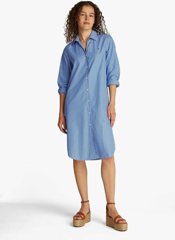 Tommy Hilfiger - Poplin Overhemdjurk - Blauw - Dames - Midi-lengte