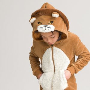 Onesie met kap leeuw, in fleece LA REDOUTE COLLECTIONS. Polyester materiaal. Maten 14 jaar - 162 cm. Kastanje kleur