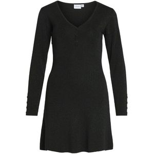VILA - Jurk - Glanzend Tricot - Zwart - V-hals - Lange Mouwen