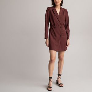 Korte jurk, blazer model, lange mouwen LA REDOUTE COLLECTIONS. Polyester materiaal. Maten 34 FR - 32 EU. Kastanje kleur