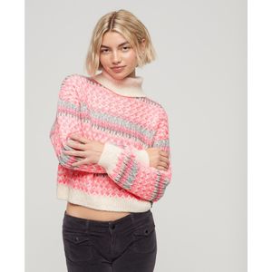 Cropped trui met rolkraag en grafische motieven SUPERDRY. Katoen materiaal. Maten 38 FR - 36 EU. Beige kleur