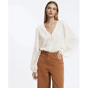 Blouse met V-hals en lange mouwen LA REDOUTE COLLECTIONS. Katoen materiaal. Maten XS. Beige kleur