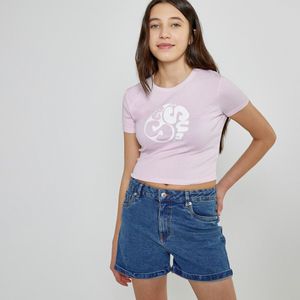 Cropped T-shirt bedrukt vooraan LA REDOUTE COLLECTIONS. Katoen materiaal. Maten XS. Roze kleur