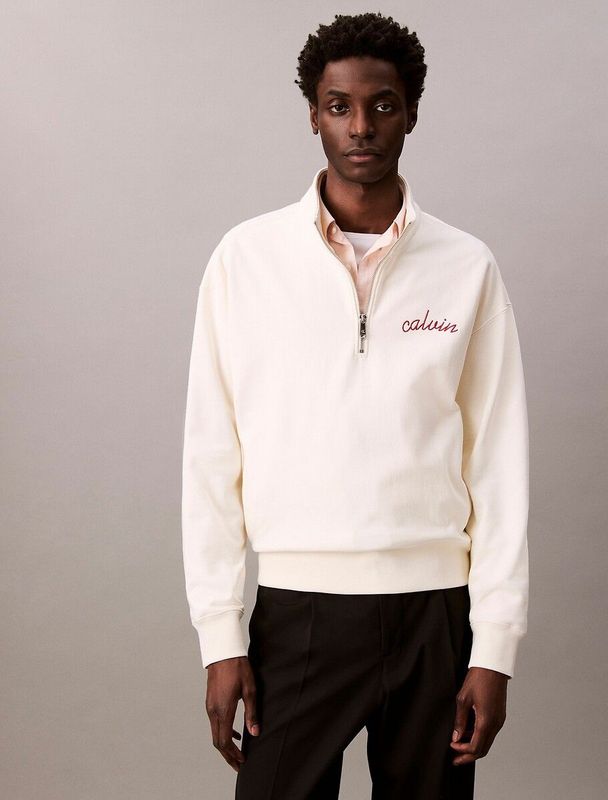 CALVIN KLEIN JEANS - Sweater - Beige - Katoen - Opstaande Kraag met Halve Rits