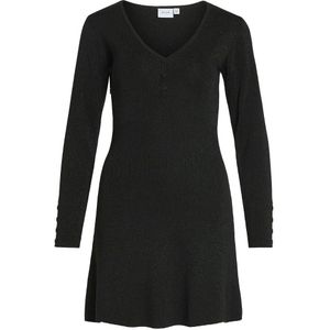 VILA - Jurk - Glanzend Tricot - Zwart - V-hals - Lange Mouwen