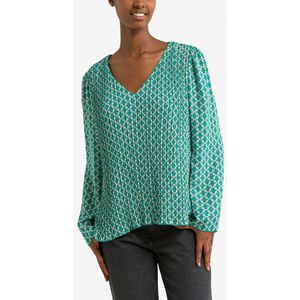 VERO MODA - Bedrukte Blouse - Blauw - V-hals - Lange Mouwen - 100% Polyester