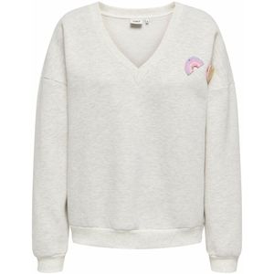 ONLY - Sweater - Ecru - Katoen - V-hals met Gekleurde Badge
