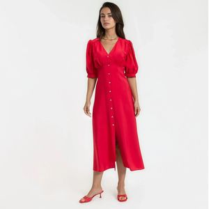 LA REDOUTE COLLECTIONS - Lange Jurk - Rood - V-hals - Elleboogmouwen - Viscose