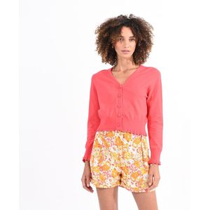 Vest met V-hals en knoopsluiting, gefestonneerde boorden MOLLY BRACKEN. Viscose materiaal. Maten L. Oranje kleur