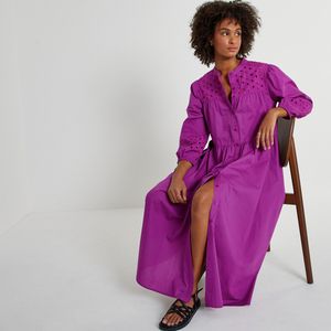 Wijd uitlopende lange jurk met borduursels LA REDOUTE COLLECTIONS. Katoen materiaal. Maten 46 FR - 44 EU. Violet kleur