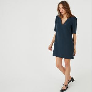 Rechte korte jurk met V-hals LA REDOUTE COLLECTIONS. Polyester materiaal. Maten 50 FR - 48 EU. Blauw kleur