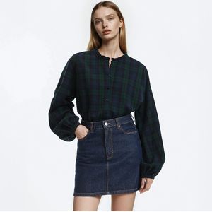 LA REDOUTE COLLECTIONS - Geruite Blouse - Blauw - Katoen - Victoriaanse Kraag