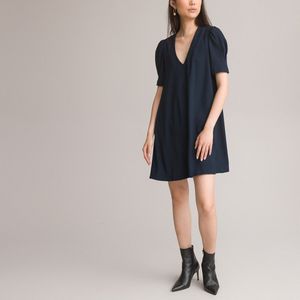Korte jurk, V-hals, korte mouwen LA REDOUTE COLLECTIONS. Polyester materiaal. Maten 44 FR - 42 EU. Blauw kleur