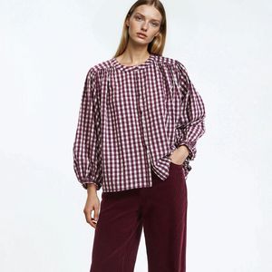 Overhemd met Mao-kraag, geruit, 3/4 mouwen LA REDOUTE COLLECTIONS. Katoen materiaal. Maten XS. Rood kleur