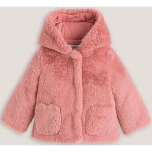 Warme jas met kap, in imitatiebont LA REDOUTE COLLECTIONS. Imitatie bont materiaal. Maten 1 jaar - 74 cm. Roze kleur