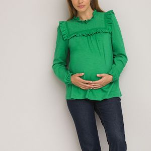 Zwangerschaps T-shirt, met volats, met lange mouwen LA REDOUTE COLLECTIONS. Katoen materiaal. Maten S. Groen kleur