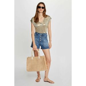 T-shirt met V-hals en korte mouwen MORGAN. Polyester materiaal. Maten XS. Goudkleur kleur