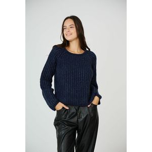 Trui in grof tricot met ronde hals SEE U SOON. Polyester materiaal. Maten S/M. Blauw kleur