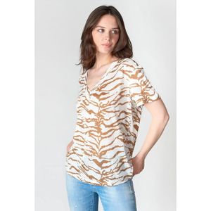 T-shirt met V-hals in linnen LE TEMPS DES CERISES. Linnen materiaal. Maten XS. Beige kleur