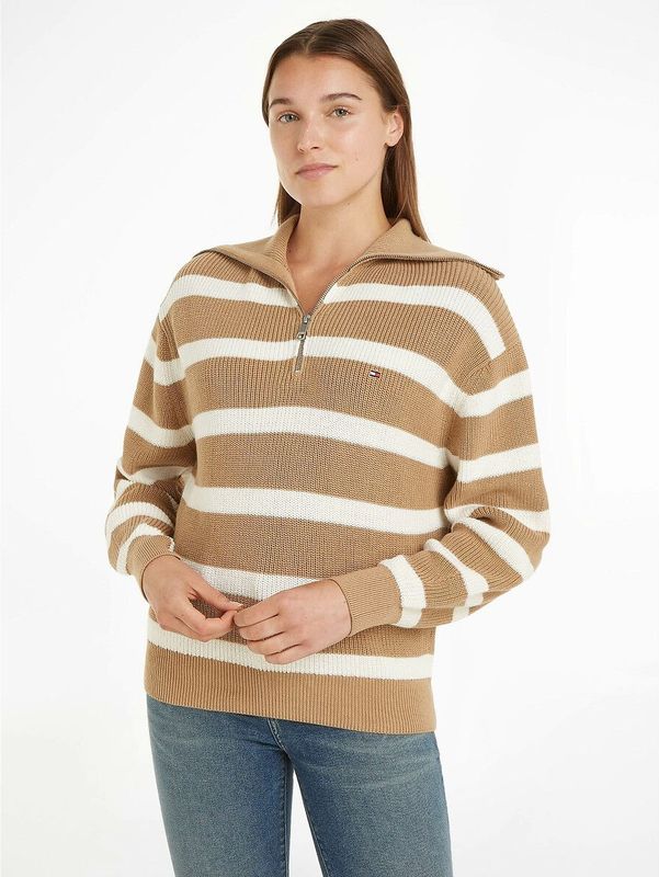 TOMMY HILFIGER - Gestreepte Trui - Beige - Katoen - Lange Mouwen - Kraag met Rits