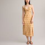 Jurk met spaghettibandjes, bloemenprint, in linnen LA REDOUTE COLLECTIONS. Linnen materiaal. Maten 44 FR - 42 EU. Geel kleur