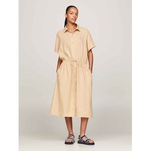TOMMY HILFIGER - Hemdjurk - Beige - Midi Lengte - Korte Mouwen - Linnen