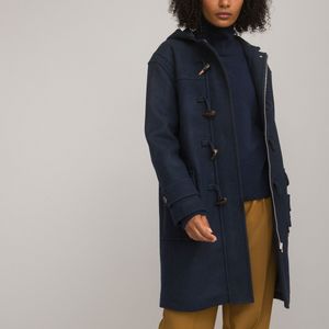 Duffel-coat met kap, in wol LA REDOUTE COLLECTIONS. Wol materiaal. Maten 48 FR - 46 EU. Blauw kleur