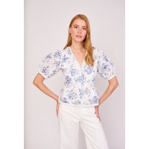 Bedrukte blouse met pofmouwen, Effie DERHY. Polyester materiaal. Maten S. Wit kleur
