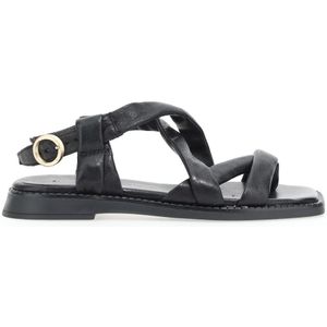 Platte sandalen in leer, vierkante top MJUS. Leer materiaal. Maten 40. Zwart kleur