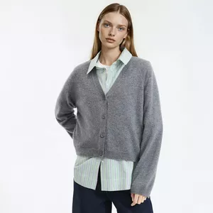 GLEENOD Gebreid vest voor dames, lange mouwen, casual, lang, elegant, cardigan, open voorkant, gebreide trui met zakken, lichtgrijs, L