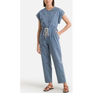 Lange jumpsuit, gestreept, met tunnelkoord SEE U SOON. Katoen materiaal. Maten 3(L). Blauw kleur