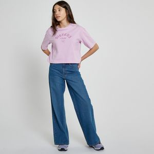 Cropped T-shirt met tekst LA REDOUTE COLLECTIONS. Katoen materiaal. Maten S. Roze kleur