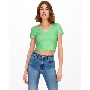 Crop T-shirt met V-hals ONLY. Viscose materiaal. Maten L. Groen kleur