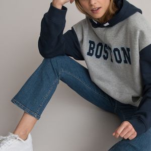 Oversized hoodie, Boston borduursel vooraan LA REDOUTE COLLECTIONS. Katoen materiaal. Maten XS. Blauw kleur