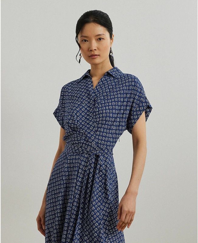 LAUREN RALPH LAUREN - FRATILLIO - Vloeiende Jurk - Blauw/Wit - 100% Polyester