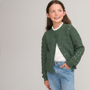Gebreid vest in grof tricot met ajour LA REDOUTE COLLECTIONS. Acryl materiaal. Maten 8 jaar - 126 cm. Groen kleur