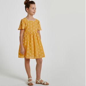 Korte jurk met geborduurde stippen LA REDOUTE COLLECTIONS. Katoen materiaal. Maten 3 jaar - 94 cm. Geel kleur
