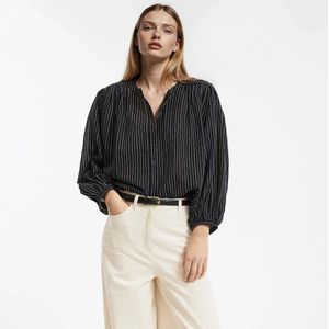 Gestreept shirt, mao-kraag, 3/4 mouwen LA REDOUTE COLLECTIONS. Katoen materiaal. Maten XS. Zwart kleur