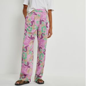 Broek met bloemenprint, in satijn LA REDOUTE COLLECTIONS. Polyester materiaal. Maten 40 FR - 38 EU. Roze kleur