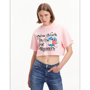 Cropped T-shirt crop met ronde hals, korte mouwen en motief vooraan TOMMY JEANS. Katoen materiaal. Maten M. Roze kleur