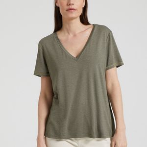 T-shirt met glanzend effect, V-hals VILA. Polyester materiaal. Maten M. Groen kleur