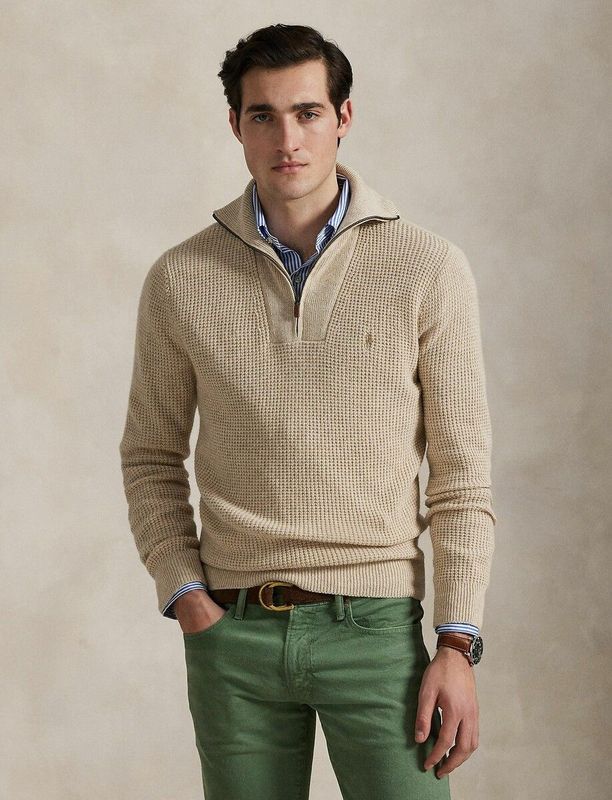 POLO RALPH LAUREN - Trui - Beige - Katoen/Wol - Truckerskraag 1/2 Rits