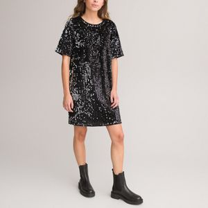 Rechte jurk met zecchino's en met korte mouwen LA REDOUTE COLLECTIONS. Polyester materiaal. Maten XXS. Zwart kleur